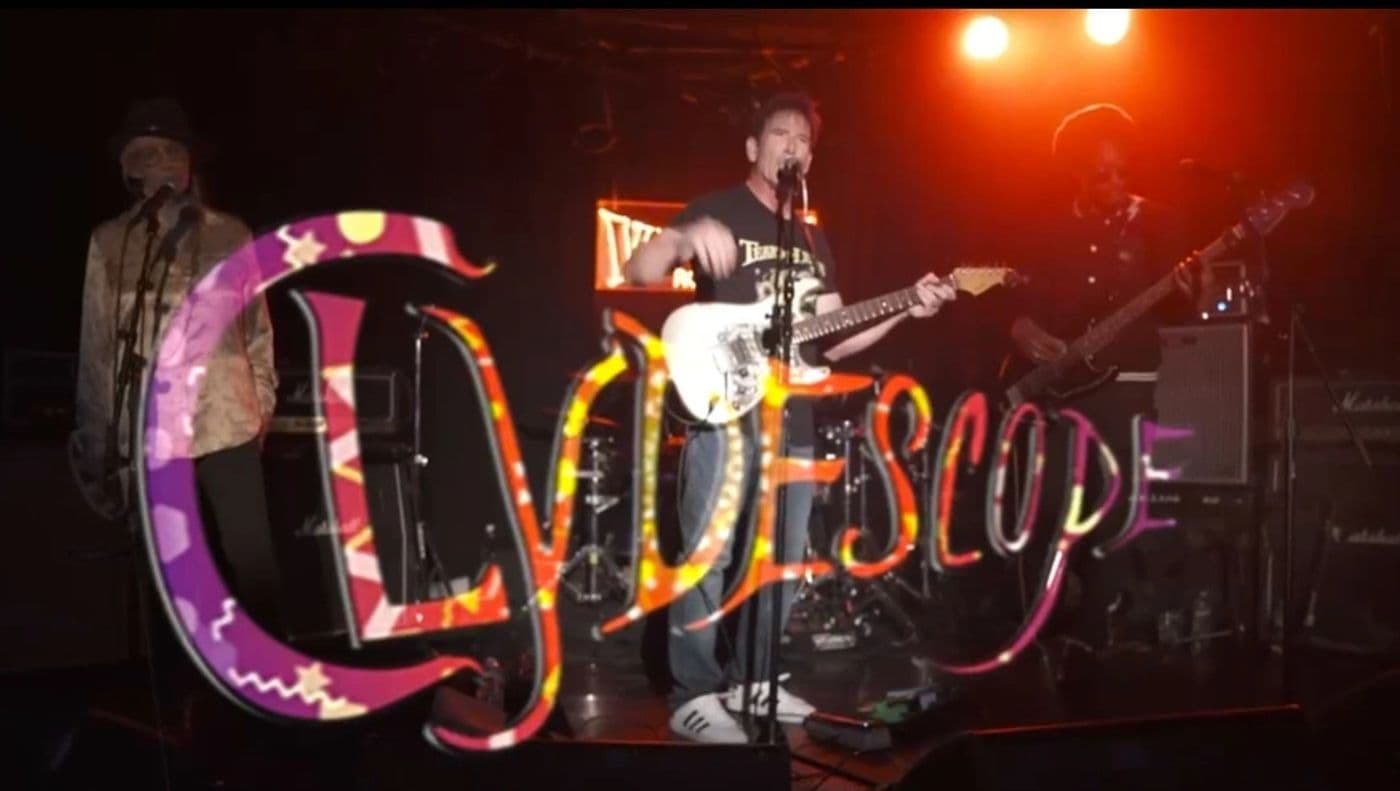 The Clydescope logo overlaid on a photo of the band performing