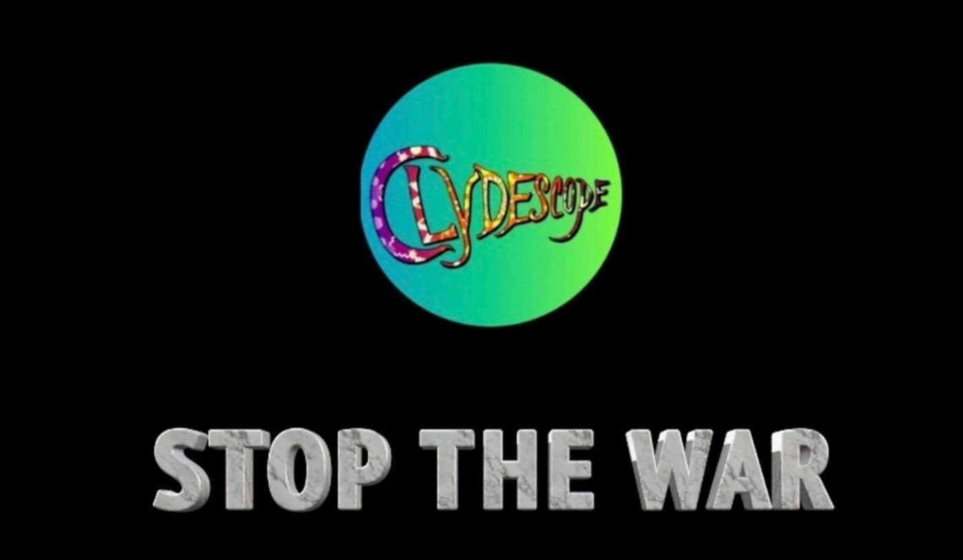 Stop the War title card with the Clydescope circle logo
